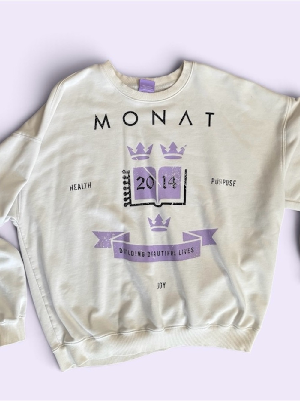MONAT 2014 Building Beautiful Lives Graphic Crewneck Sweatshirt Ivory XS